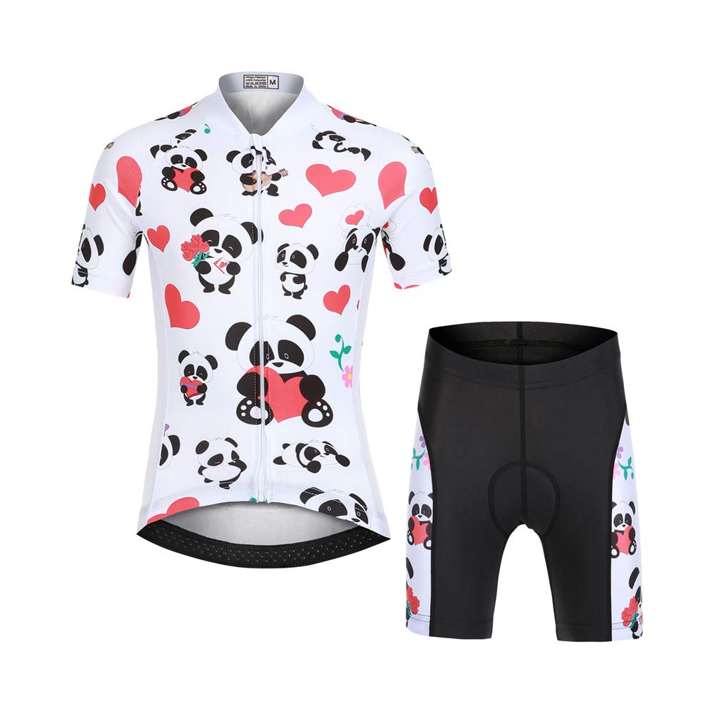 Kinder Jungen Radtrikot Set, Mädchen Radbekleidung Anzüge, Quick Dry Radsportanzug, Fahrradtrikot Kurzarm und 3D Sitzpolster Radhose, Süßer Baby Panda, 134/140(Herstellergröße: XL)