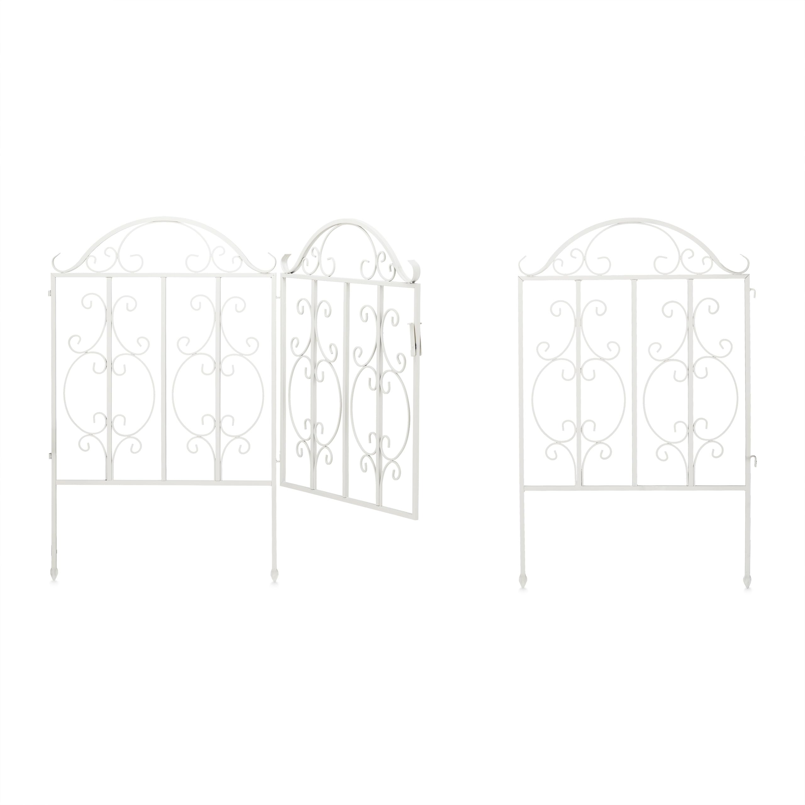 Relaxdays Puerta de Jardín, 3 Piezas, Acero, Adornos de Arabescos, 2 Paneles Laterales de Valla, 98,5 x 185 cm, Blanco