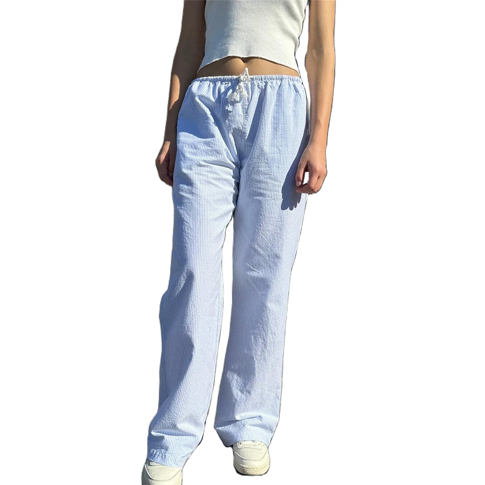 Women Y2k Striped Print Pants Casual Wide Leg Loose Fit High Waist Drawstring Pop Pants Vintage Streetwear Lounge