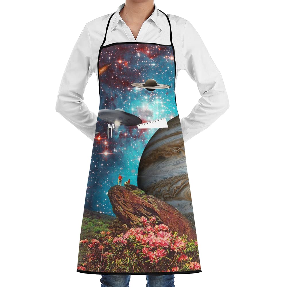 Watching Stars Spaceships Planet Space Chef Apron with Pockets Grill Aprons for Women Men Kitchen Cooking Baking BBQ
