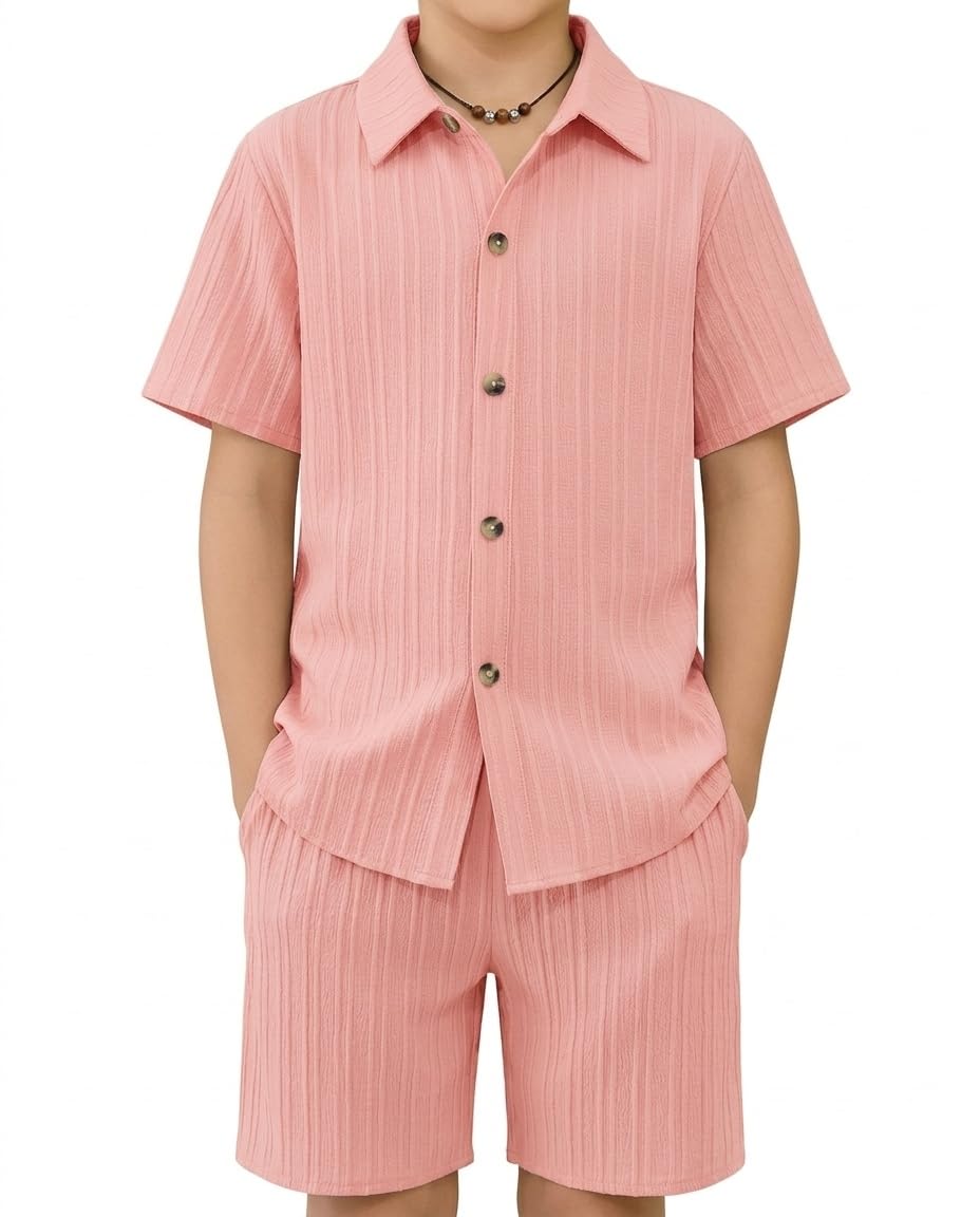 Arshiner Boys Summer Textured Button Up Shirt & Shorts Set 5-12 Years ISCC PLUS
