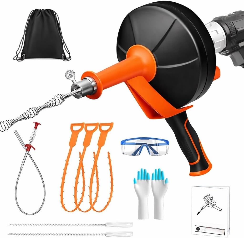 Drain Auger 33ft Drain Clog Remover with Drill Adapter, Flexible Plumbing Snake for Kitchen, Bathroom & Shower Sinks, Hair Clog Remover, Manual or Drill Powered, Full Set Included