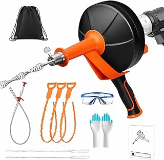 Drain Auger 25ft Clog Remover with Drill Adapter, Flexible Plumbing Snake for Kitchen, Bathroom & Shower Sinks, Hair Clog Remover, Manual or Drill Powered, Full-Set Included