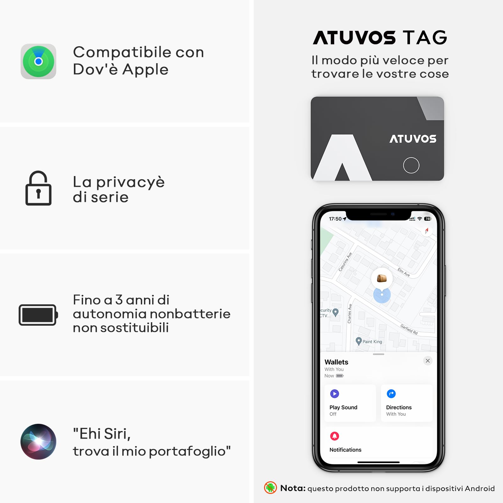 ATUVOS Air Tag Card Wallet Tracker Thin 1.6mm, Smart Tag compatibile con Apple Dov'è APP (solo iOS, Android non supportato), Bluetooth Localizzatore per Valigie, Portafoglio, Borse, Bagagli, 1 Pezzo