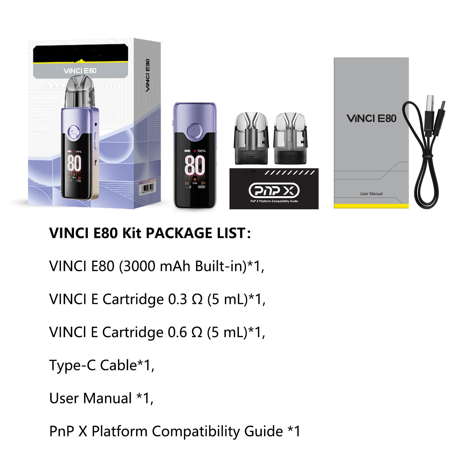 For VOOPOO VINCI E80 Kit 80W Pod Mod Built 3000mAh Battery Electronic Cigarette Vape with 5ML VINCI E Cartridge 0.3/0.6ohm Vaping,No Nicotine (Rosso rosa)