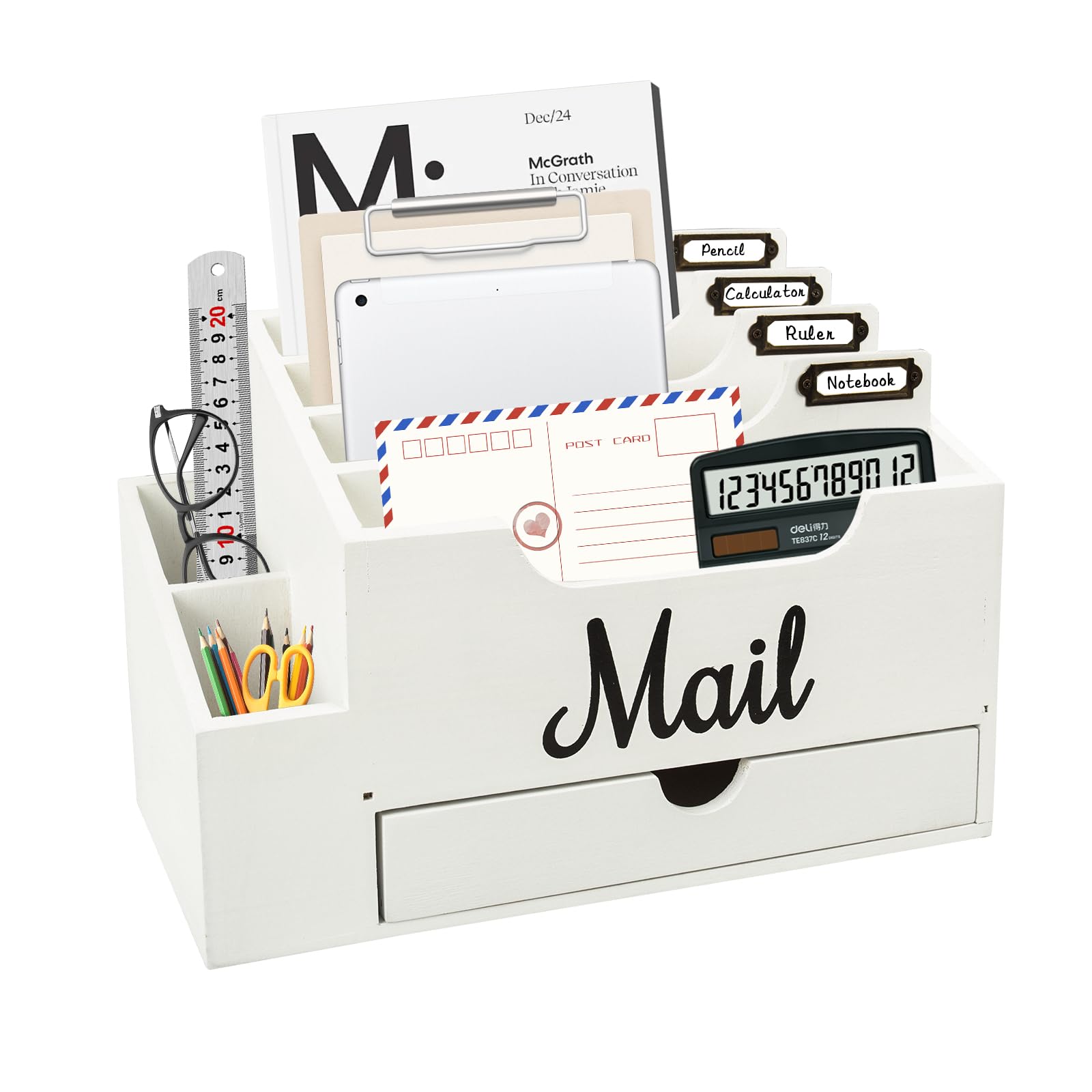 Organizzatore di Posta da Scrivania in Legno con 6 scomparti e cassetto, Organizzatore per Cartelle di Carta e Lettere, Organizer per Cartelle per Scrivania per Lettere Cancelleria, Bianco