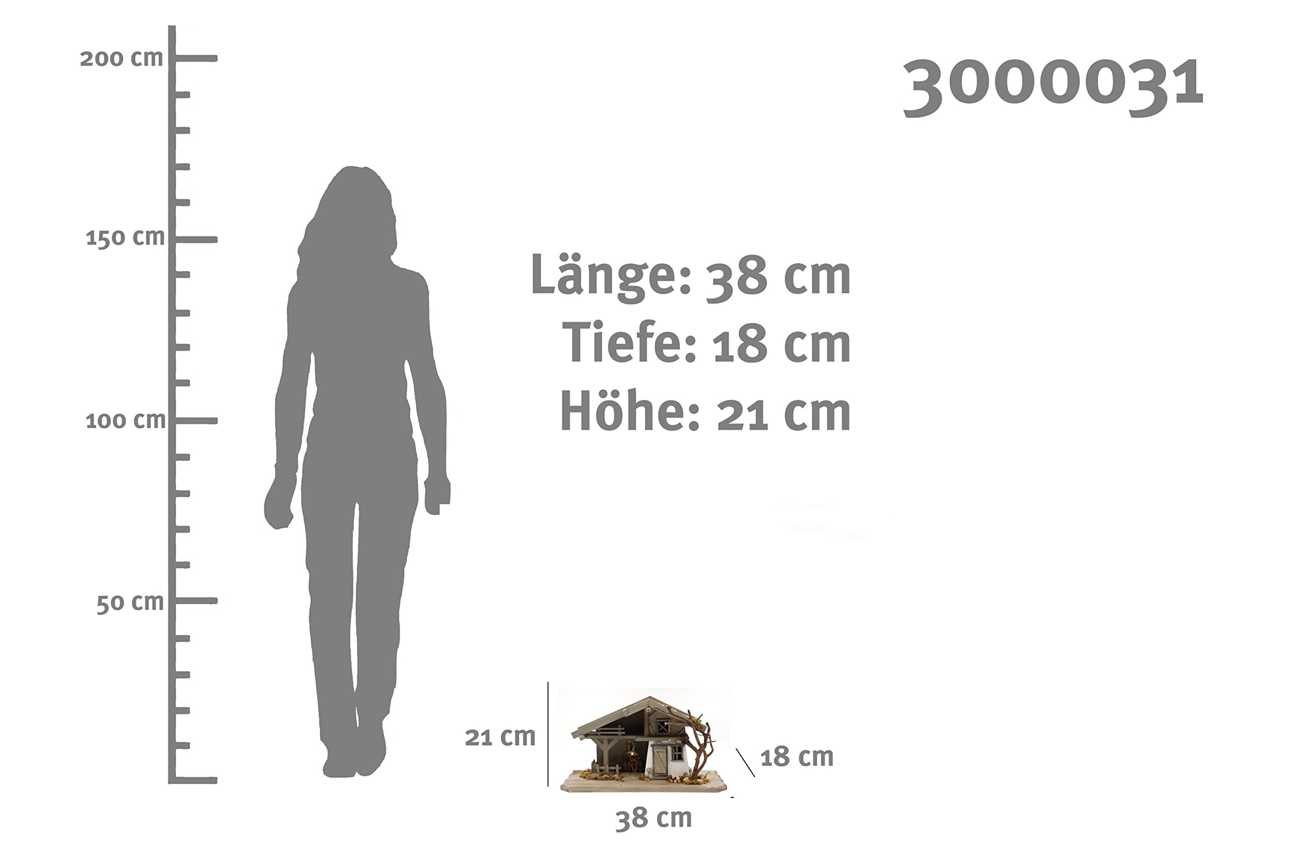 ELLUG Holz Krippenstall, Holzkrippe, Weihnachtskrippe mit Licht 38 * 18 * 21cm (OHNE Krippenfiguren) Krippenstall aus Holz mit Beleuchtung für Figuren bis 10cm Höhe