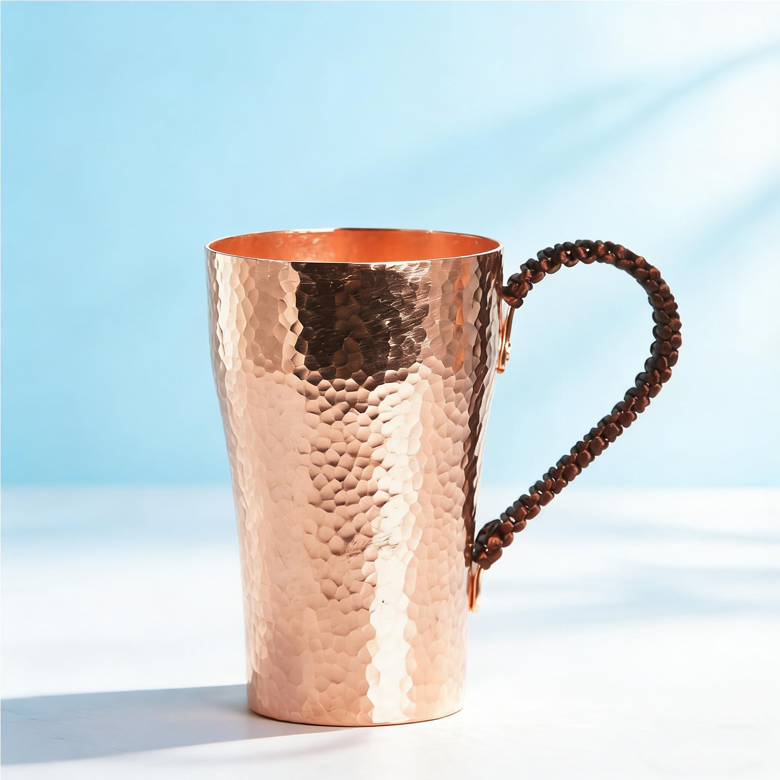 Pure Copper Mug 400ml Hammered Moscow Mule Mug with Handle with Braided Rope Premium Copper Cup for Coffee, Tea, Cocktails, Beer, Cold & Hot Drinks (Hammered)