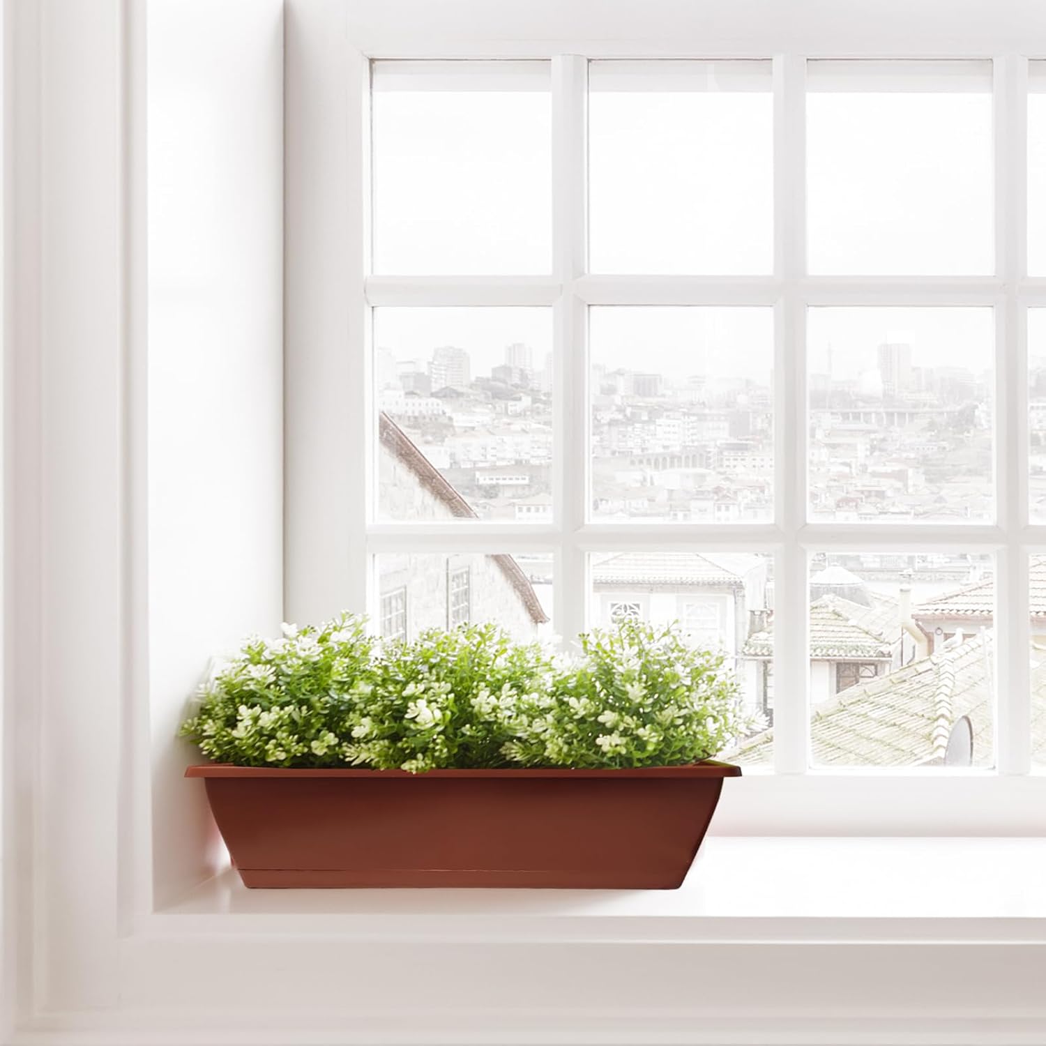 QPEY Window Box Planter, 10 Pack 17 Inch Plastic Flower Box with Tray Rectangular Planters for Outdoor Indoor Plants Garden Home Decor (red)