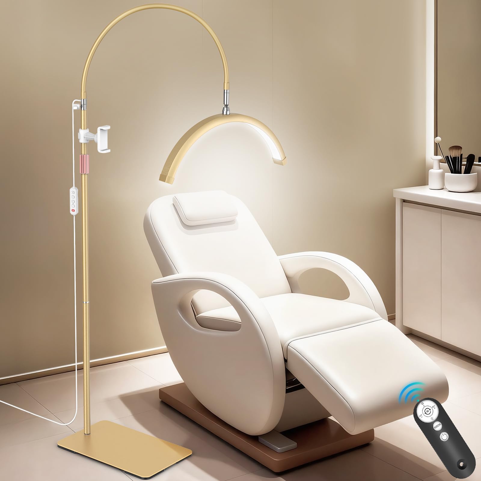 MEIAOELEC Lash Light, Flexible Half Moon Light with Phone Holder for Eyelash Nail Art Tattoos Skincare, 5 Color Temperatures & Brightness Setting LED Floor Lamp, Height Adjustable Esthetician Lamp