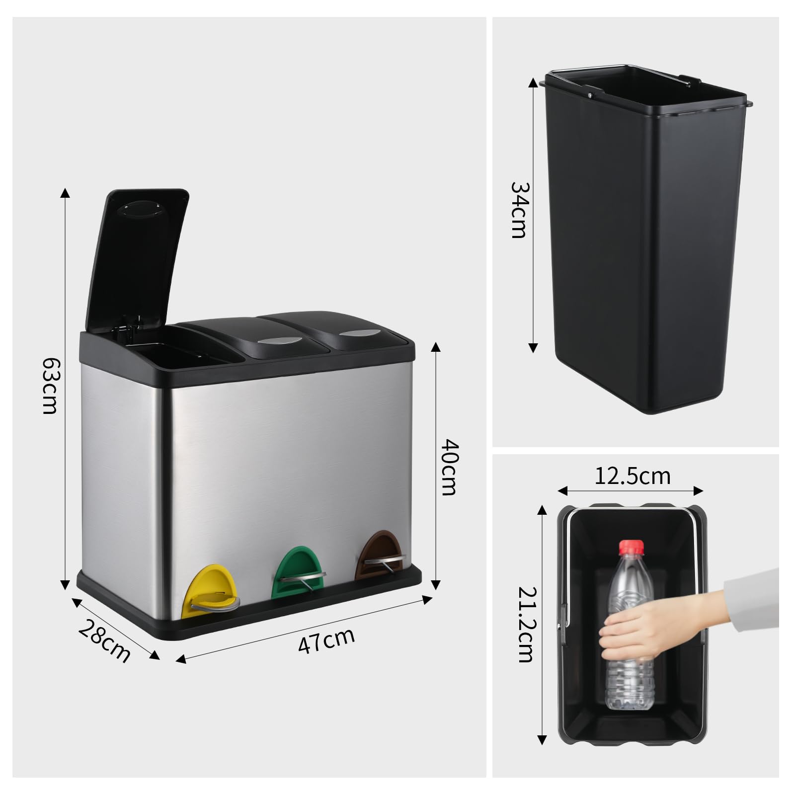 LIFERUN Mülleimer 3 Fächer, 3x 8L Mülltrennsystem, 24 Liter Abfalleimer Küche, Kleiner Treteimer aus Edelstahl mit Deckel, 3 pcs Abnehmbarer Inneneimer, Tretmülleimer für Single-Wohnung, Silber