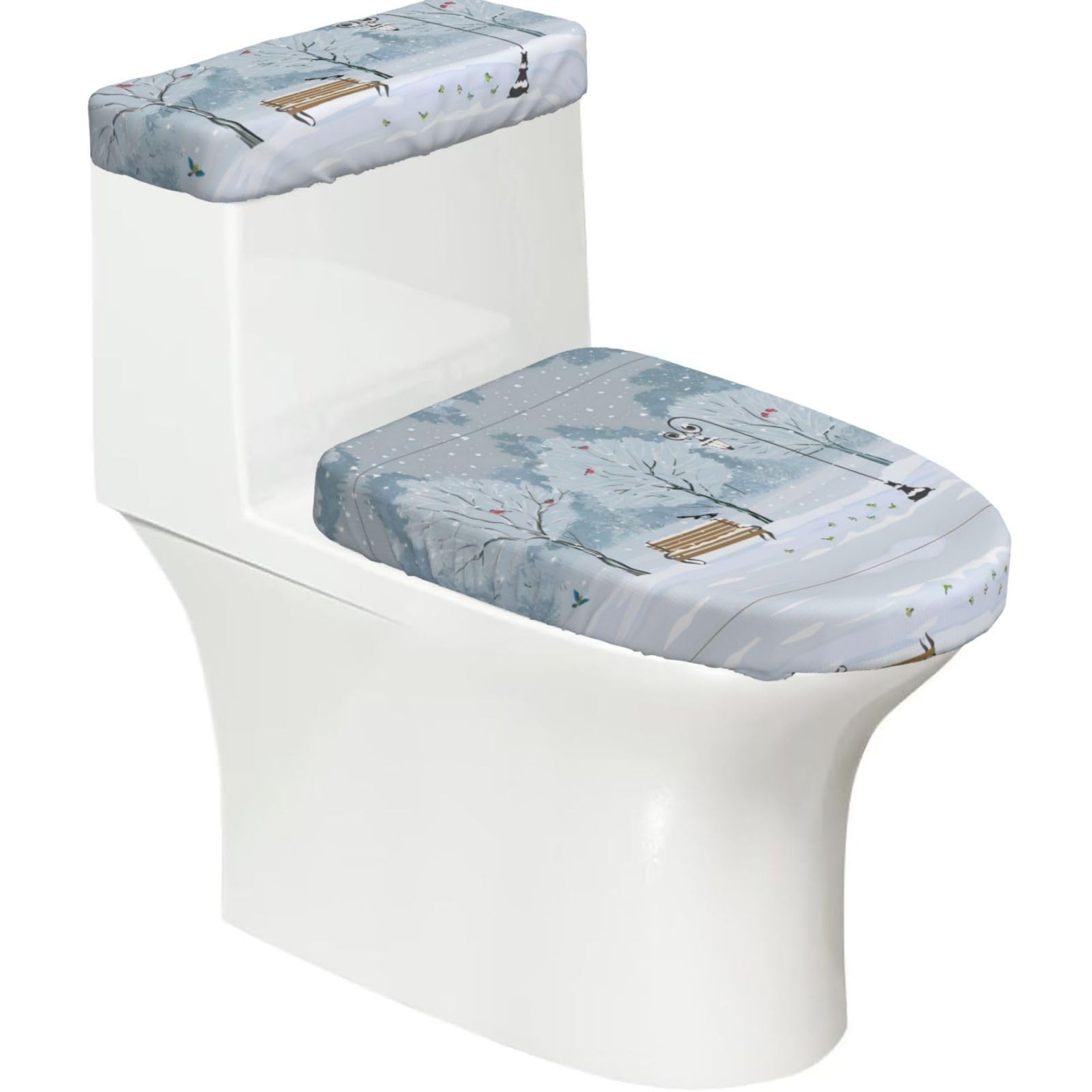 Birds in the Park on a Snowy Day 2-Piece Toilet Seat Cover Set with Tank Lid - Elastic for U-Shape & Elongated - Bathroom Decor