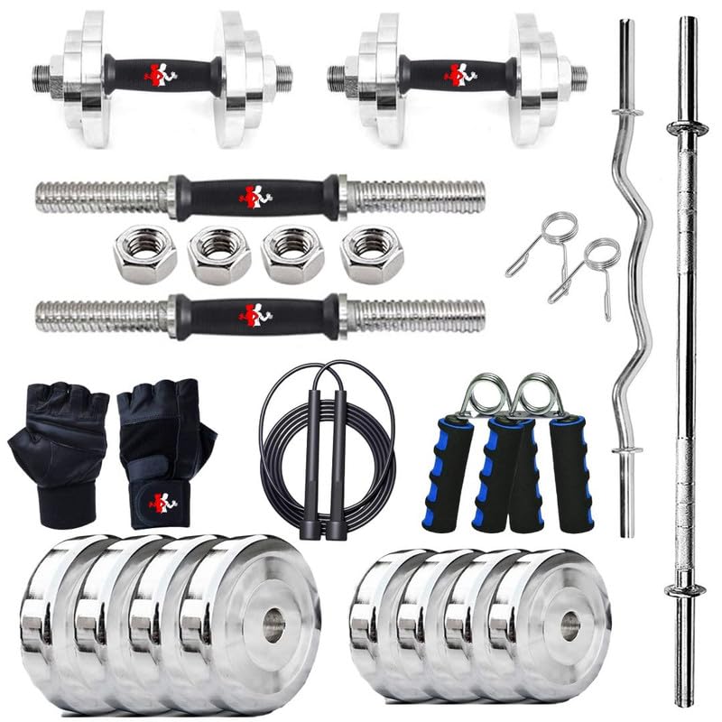 Image of 20KG Steel Weight Plates Combo | Complete Home Gym Kit with 5Ft Straight Rod & 3Ft Curl Rod (23mm), Pair of Steel Dumbbell Rods, and Full Set of Workout Accessories for Strength Training