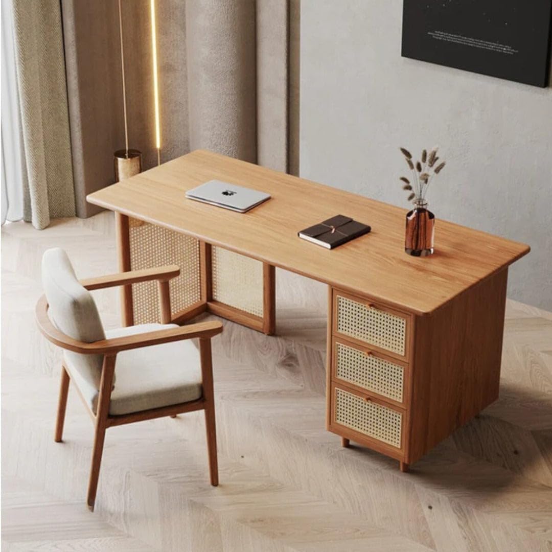 the unique design solid wood office desk with 3 drawers – rattan cane fronts writing table for home office, study for living room