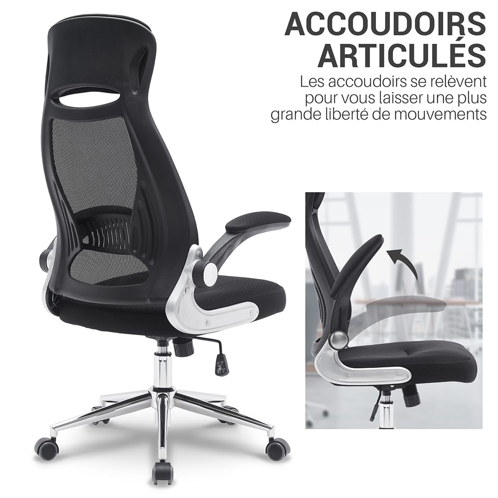 Ergonomiczny fotel biurowy z tkaniny siatkowej, wysokie oparcie z wbudowanym zagłówkiem, podnoszone podłokietniki, podparcie odcinka lędźwiowego, regulacja wysokości, chromowana metalowa stopa