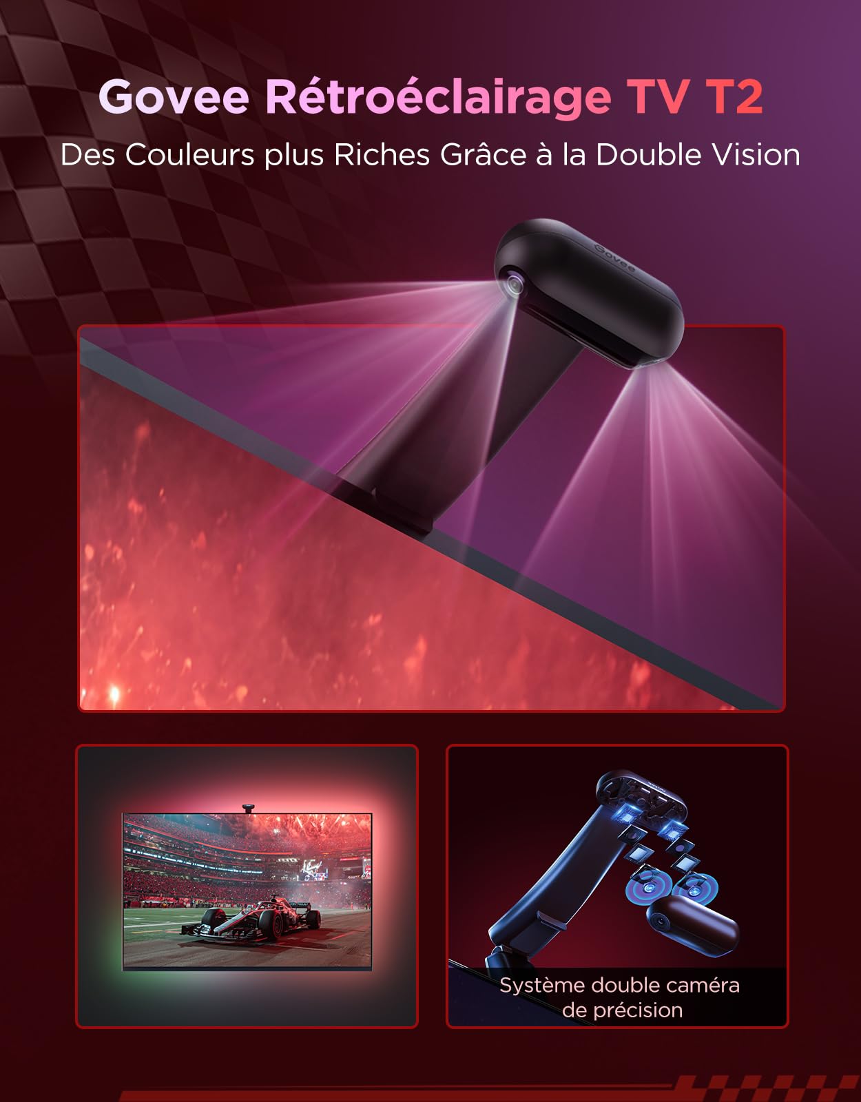 Govee T2 Envisual avec Double Caméras, Rétroéclairage LED RGBIC Wi-FI 5m pour Téléviseurs 75-85 Pouces, Double Perles Lumineuses, s'adapte aux TV Ultra-Fins, 0.9m*2+1.6m*2