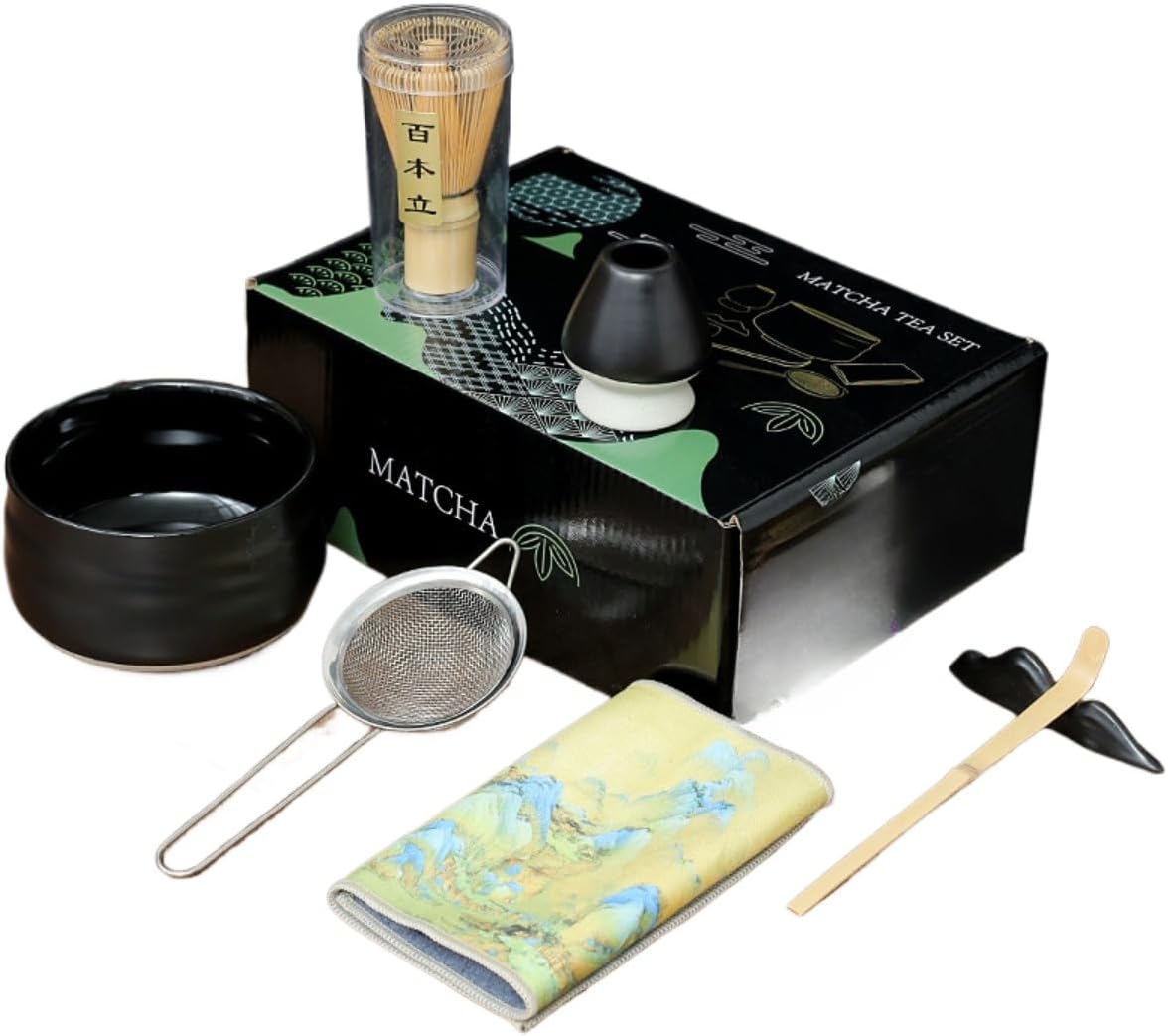 7 Pcs Japanese Matcha Set Matcha Whisk Set Matcha Bowl Matcha Whisk (chasen) Scoop (chashaku) Matcha Whisk Holder Tea Making Kit (7 Pcs,Black)