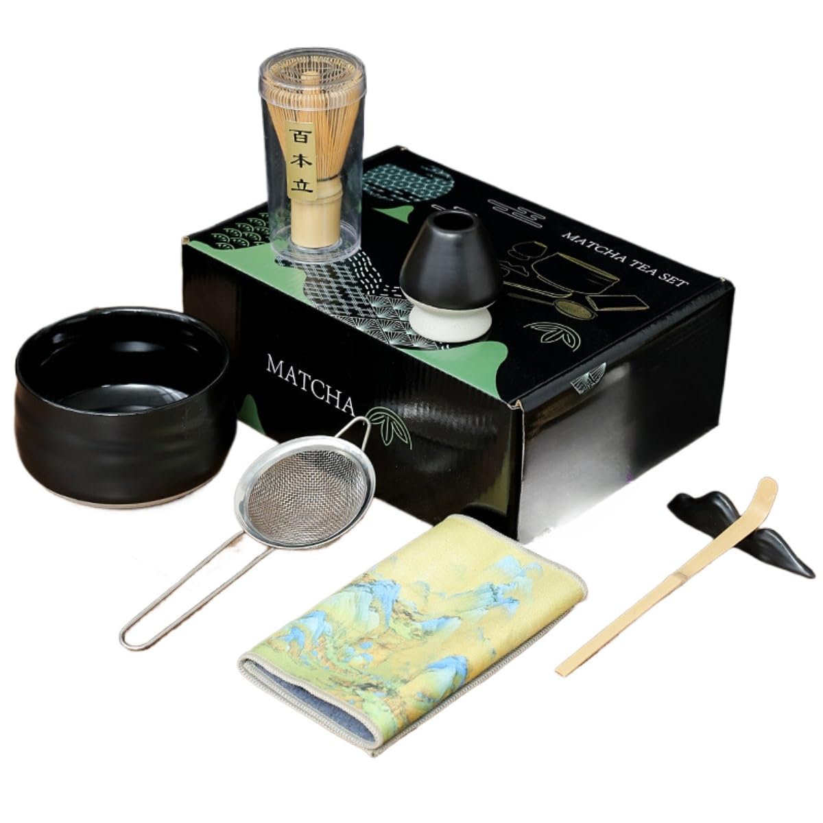 7 Pcs Japanese Matcha Set Matcha Whisk Set Matcha Bowl Matcha Whisk (chasen) Scoop (chashaku) Matcha Whisk Holder Tea Making Kit (7 Pcs,Black)