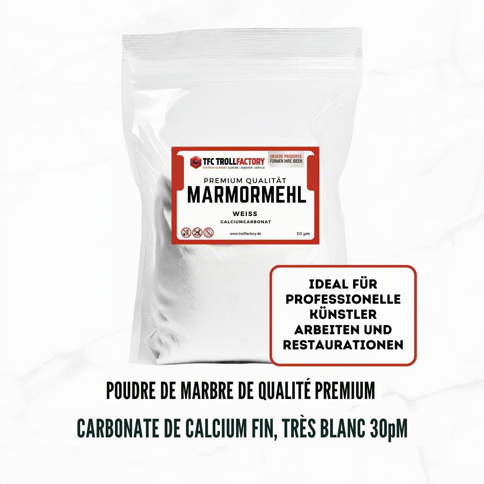 TFC Farine de marbre carbonate de calcium 5 kg – Poudre fine de qualité supérieure pour l'art, l'artisanat et la construction I Respectueux de l'environnement, non toxique, blanc pur, utilisation