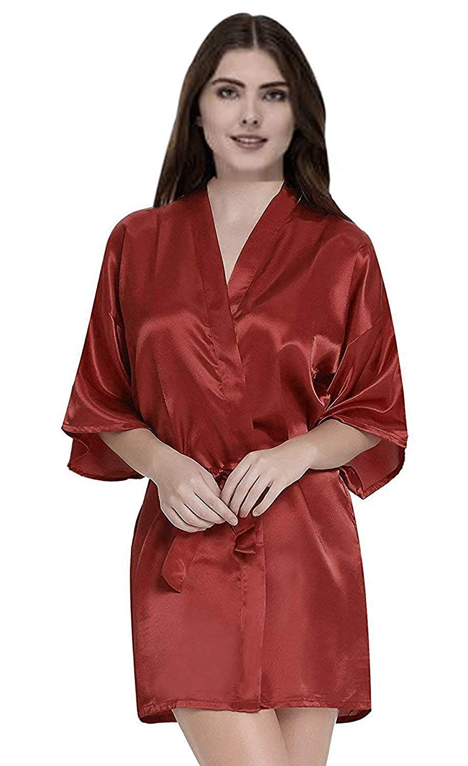 MisticWomen Satin Babydoll Belted Kimono Robe (Large, Maroon)