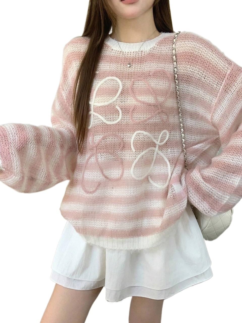 Womens Pullover Sweater Womens Casual Colorblock Striped Round Neck Drop Shoulder Sweater