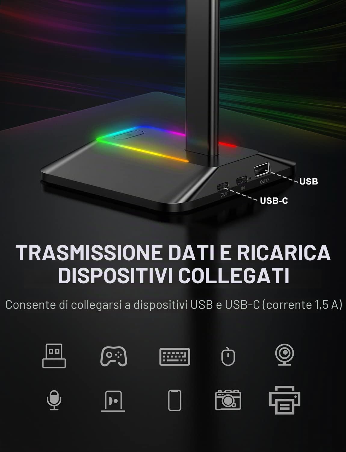 Supporto per cuffie RGB New Bee con caricabatterie USB di tipo C e trasferimento dati, universale, per cuffie da gioco, supporto per tutte le cuffie (grafite)