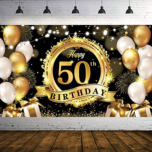 Fondo decorativo Happy 50 cumpleaños negro y dorado grande