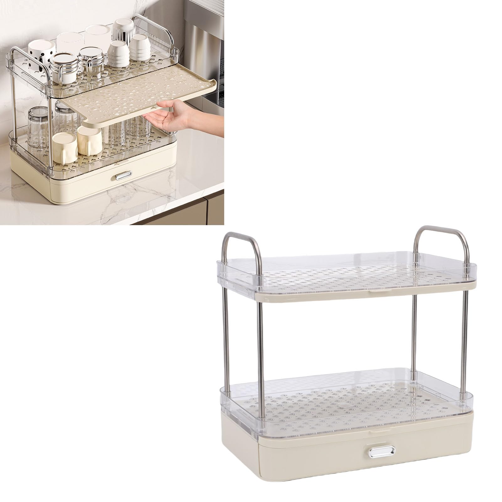 Asixxsix Kaffeetassenhalter, PET-Edelstahl-Kaffeestation-Organizer mit 2 Ebenen und abnehmbarer Abtropfschale, Tassenhalter, Ausstellungsregal für Kaffeezubehör, Gewürzdosen (Cremeweiß)