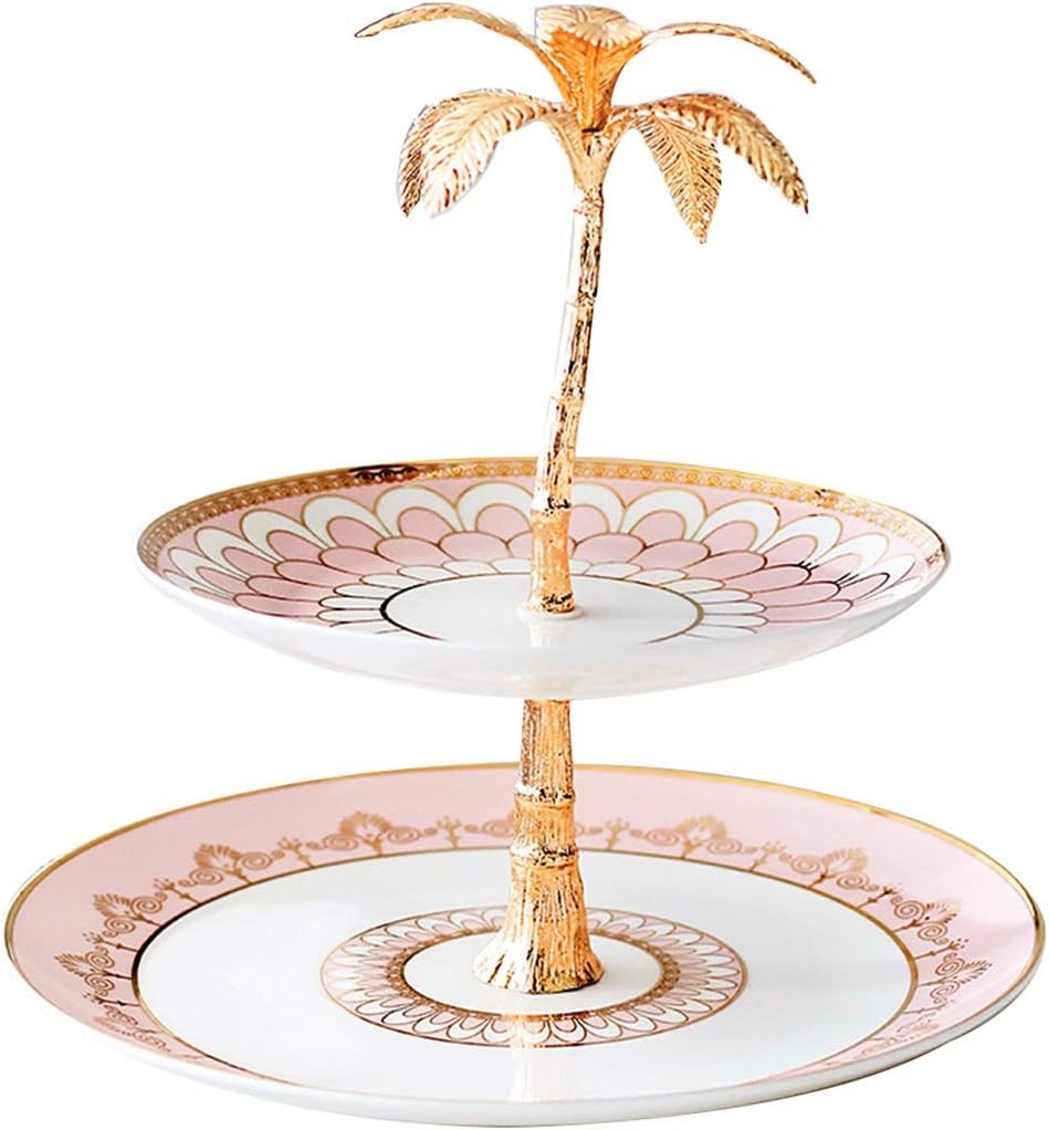Cupcake Stand Desserts Stand Nordic Simple Double-Layer Candy and Dried Fruit Snack Rack Living Room Ceramic Cake Stand Fruit Plate Stand Coconut Tree Handle (Color : Pink B Size : 2 Layer)