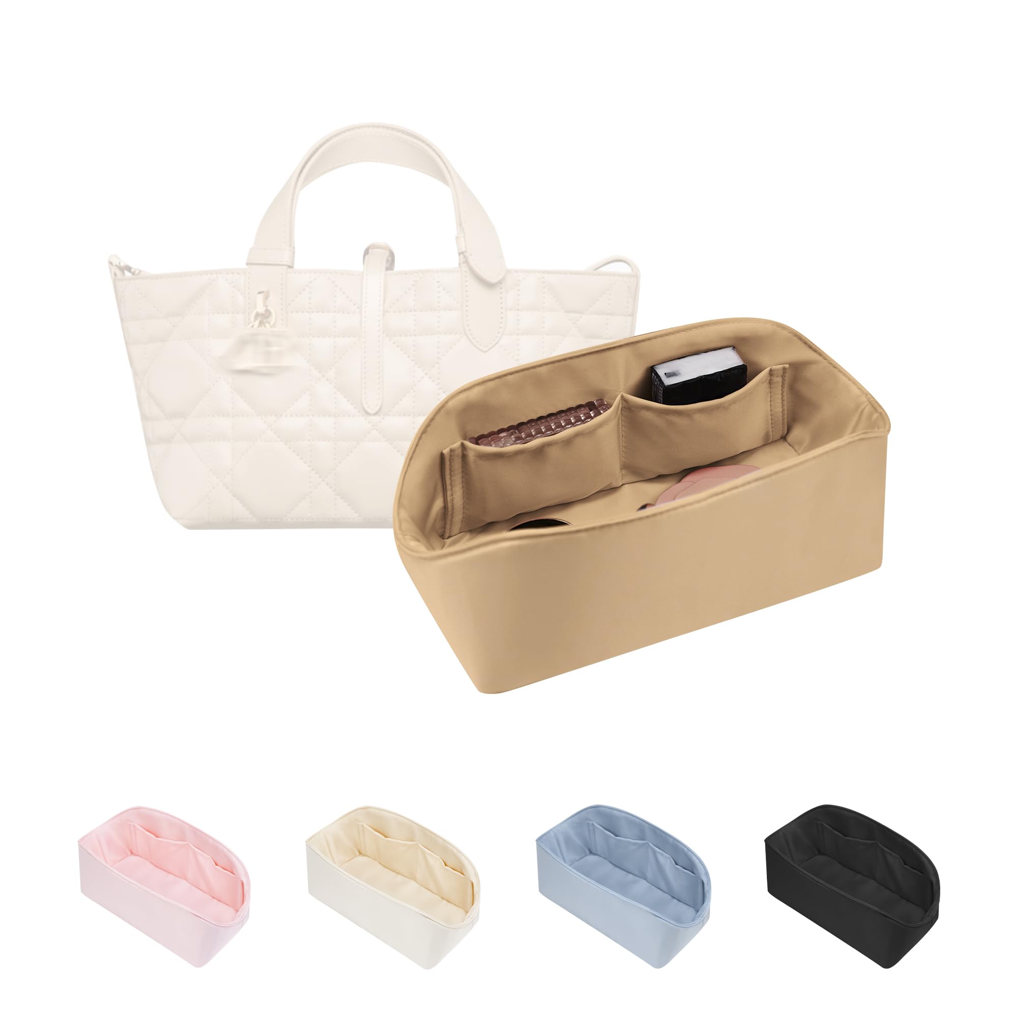 Purse Organizer Insert for Dior Toujours Small Bags, Satin Luxury Bag Insert, Lightweight &amp; Portable Purse Shaper with Pockets, Ideal for Travel, Shopping, and Daily Use(Chai, Toujours S)