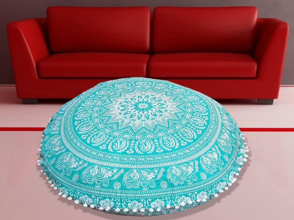 Miniatura 8 de Almohadas redondas para el suelo con estampado de elefante, funda de meditación con mandala, diseño floral para el hogar (funda de almohada de 32