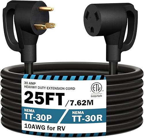Miniatura 1 de Cable de extensión RV de 25 pies de 30 amperios, cable de extensión de alimentación RV NEMA TT-30P macho a TT-30R hembra, resistente calibre 10 STW