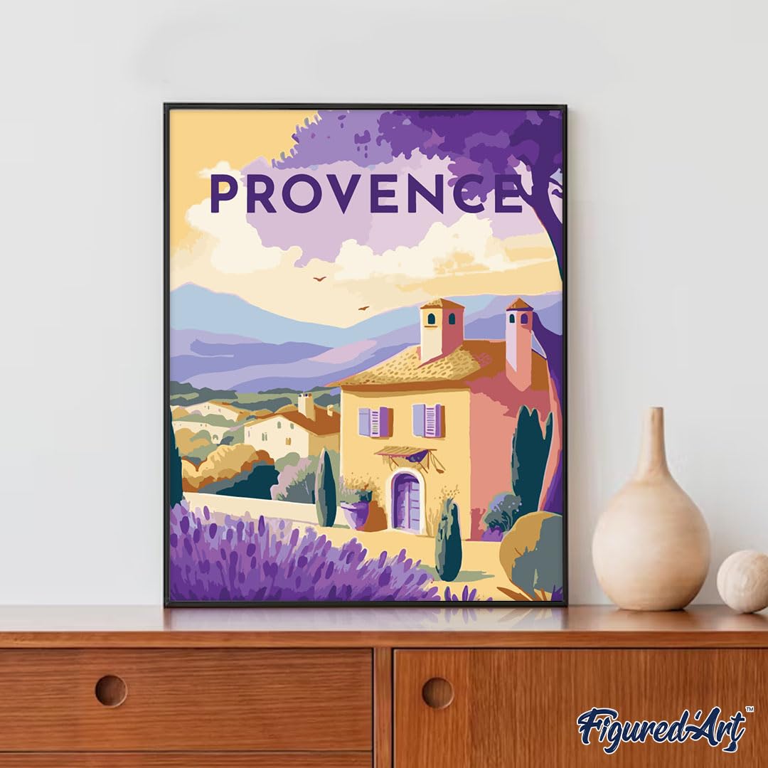 Figured'Art Peinture par Numéro Adulte avec Cadre Affiche Vintage Provence - Activité Manuelle Kit de Loisir Créatif DIY Numéro d'Art Complet - 40x50cm toile tendue sur châssis