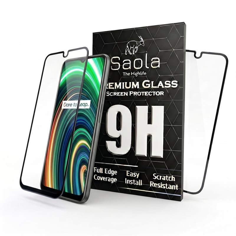 Image of Saola HD+ Oleophobic Tempered Glass Screen Protector For Realme C25Y (Pack Of 2) with Free Installation Kit. Full screen Coverage - 6.5 inch