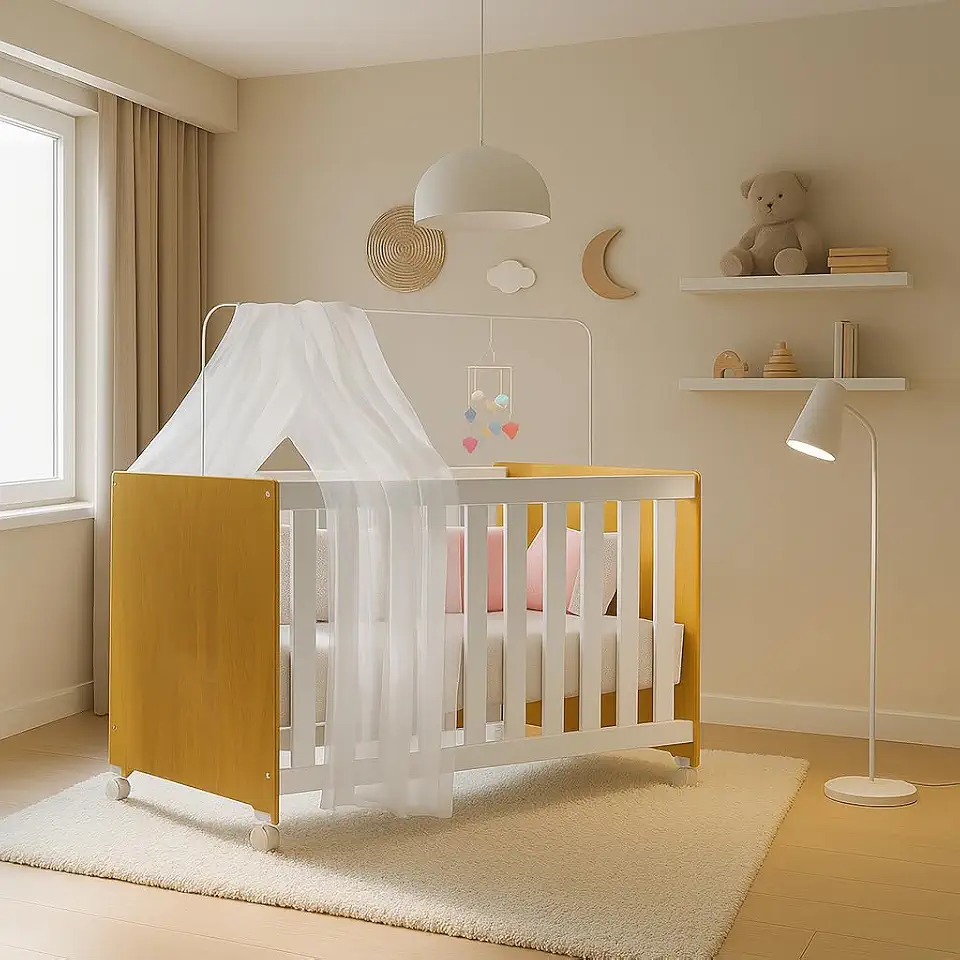 Berço Mali 3 em 1 Transformável em Mini Cama– Madeira Branco Amadeirado Com Rodízios Regulagem de Altura e Certificação Inmetro