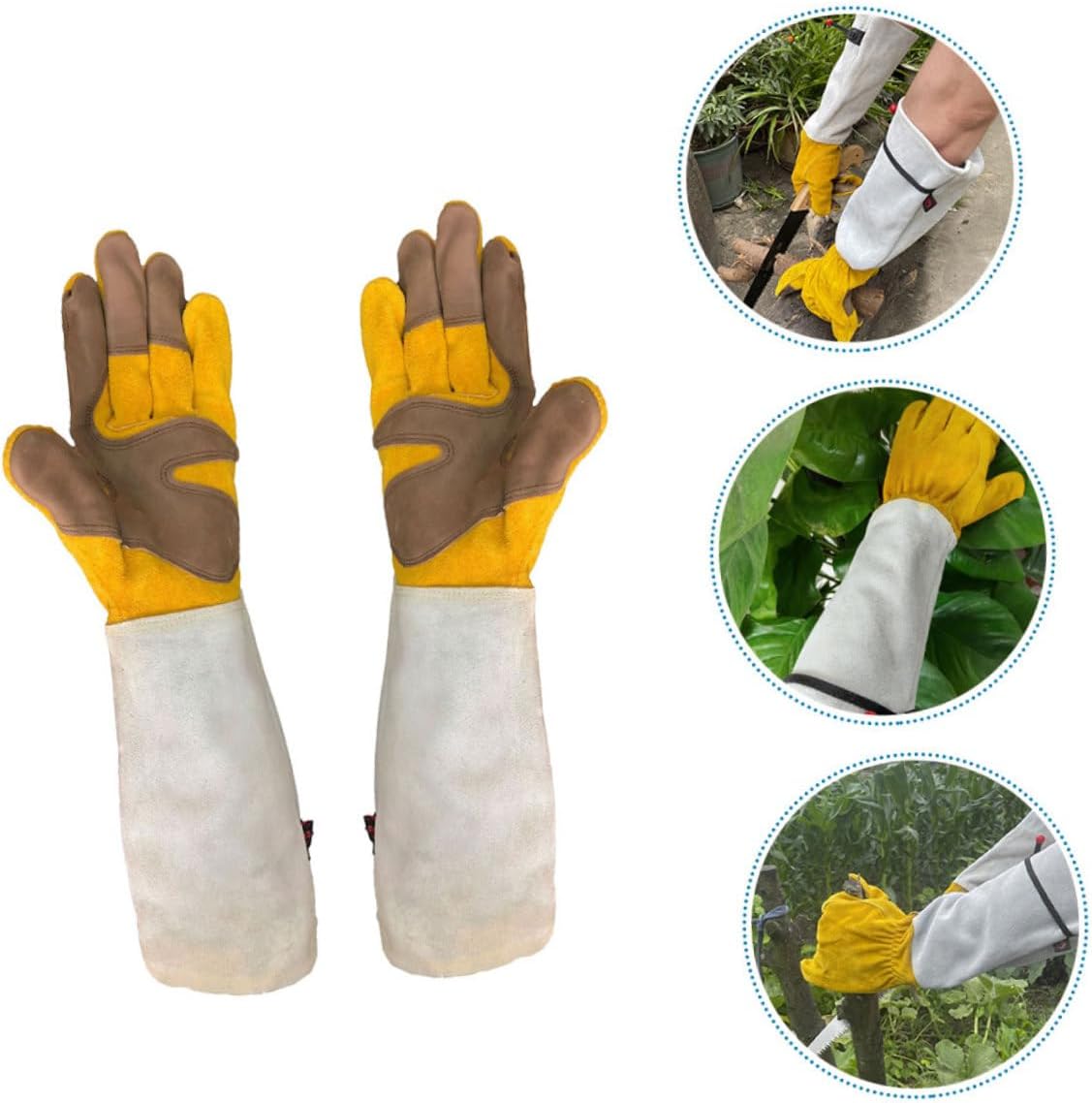 Uonlytech Thorn Proof Leather Gardening Gloves Extended Length Pruning Gloves for Garden Work with Gold and White Cowhide Size L Sturdy Protective Gear for Outdoor Use