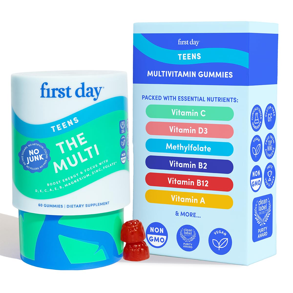 FIRST DAY Vitamins for Teens - Teen Multi Vitamins for Girls & Boys 12-17, Organic Fruit & Veggie Blend - 12 Key Nutrients: Vitamins A, B1, B2, B6, B9, B12, C, D3, E, K2-30 Day Supply