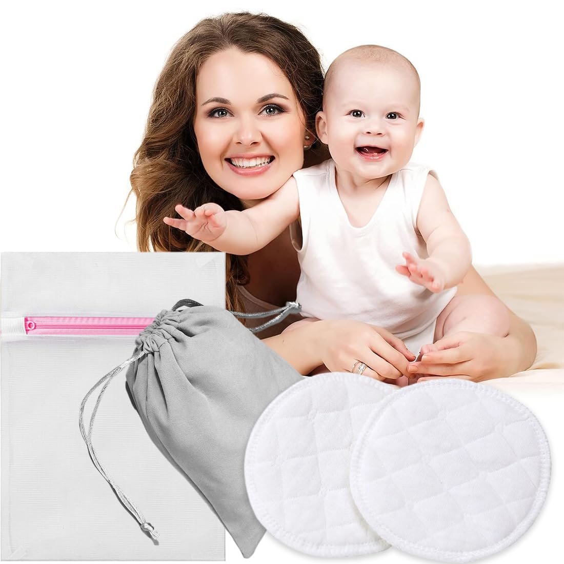 10pcs Coussinets d'allaitement en Fibres de Bambou Organique, Lavables et Réutilisables, Hypoallergéniques et Super Absorbants,Compresses d'allaitement avec 1 sac à linge et 1 sac de rangement