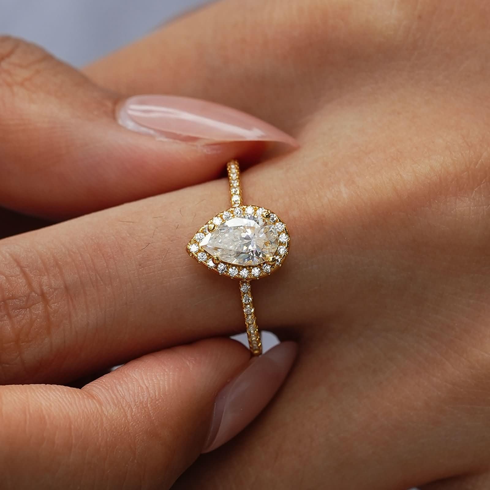 Anillo de oro auténtico para mujer, con forma de gota de 1 ct, moissanite, anillos de compromiso, halo, oro amarillo, anillo de banda para mujer