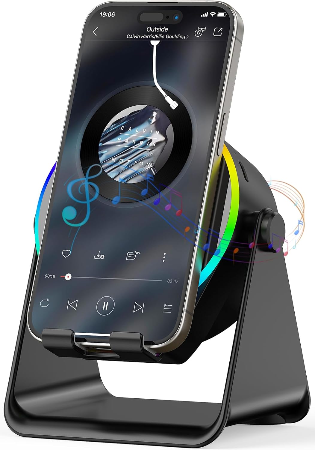 Wireless Induction Speaker- 5 in1 Bluetooth Speaker Phone Stand with Colorful Ambient Light 360° Rotation Compatible with iPhone Android iPad Samsung Galaxy- Unique Birthday Gift for Men Women Adults Black Round