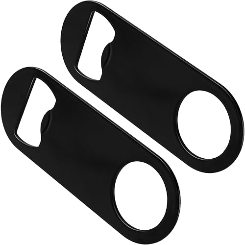 2 abrebotellas planos, abridor de botellas manual portátil, abridor de tapas de acero inoxidable para cocina, restaurante, bar, fiesta, color negro