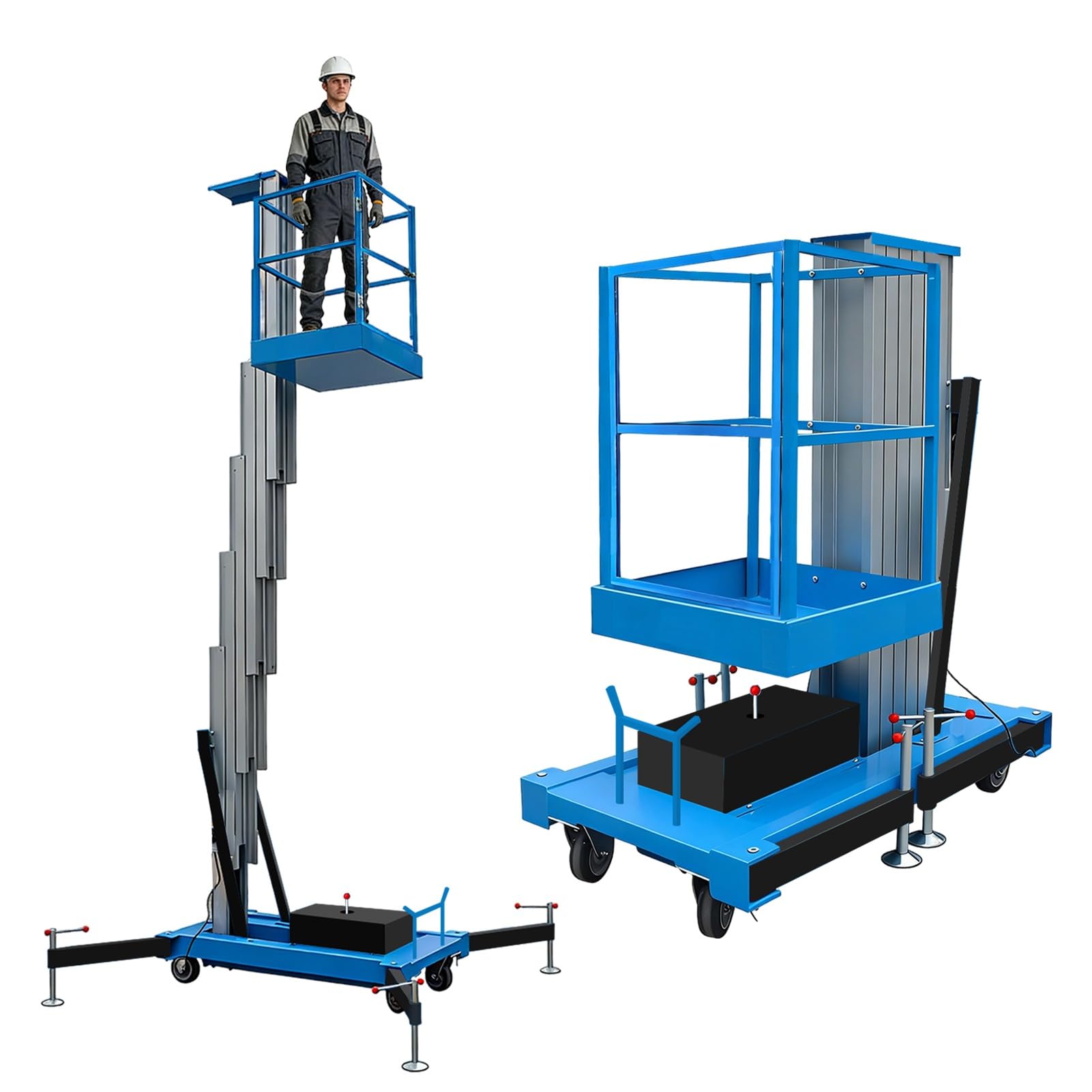 Elektrischer Gerüstplattformlift, mobiler Personenaufzug aus Manganstahl mit 1,1 m Leitplanke, hydraulische Hebeplattform von 13 bis 46 Fuß for Lager, Bau und Wartung(Single Mast,13ft/4m)