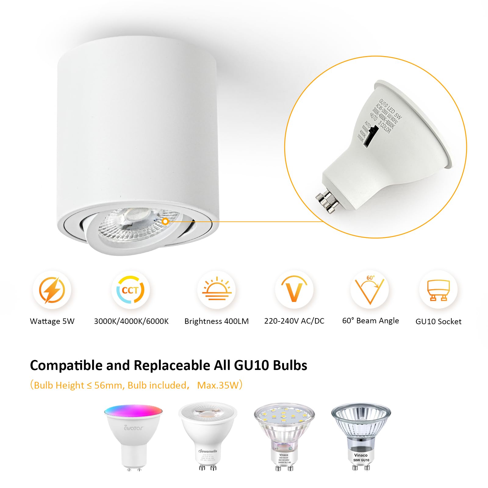 Focos LED Interior Techo Blanco, Foco Techo Orientable 5W GU10 3000K Cálido/ 4000K Natural/ 6000K Frio, Focos Superficie Aluminio, Aplique Techo 230V, Downlight LED Superficie Ø80x84mm