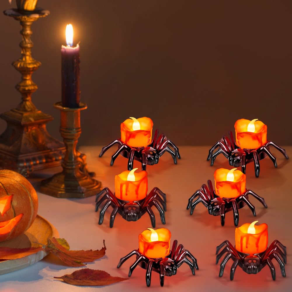 12 szt. świec na Halloween, zasilane bateryjnie, bezpłomieniowe świece LED, pająki, upiorne, elektryczne, migoczące sztuczne świece na Halloween, dekoracje imprezowe