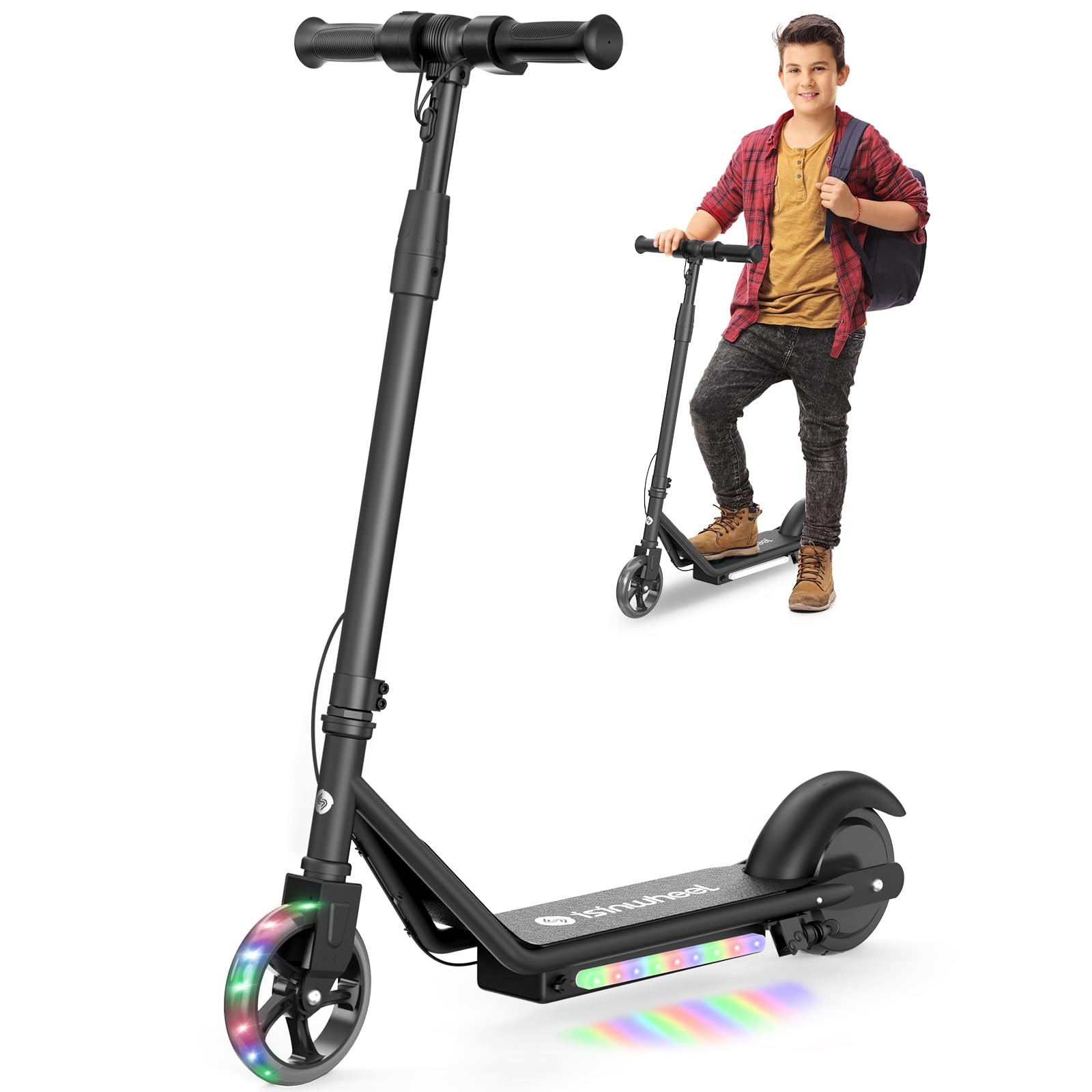 isinwheel S2 Electric Scooter for Kids Ages 6-12,150W Kids Electric Scooter with Adjustable Speed and Height, Colorful Lights, Double Brake