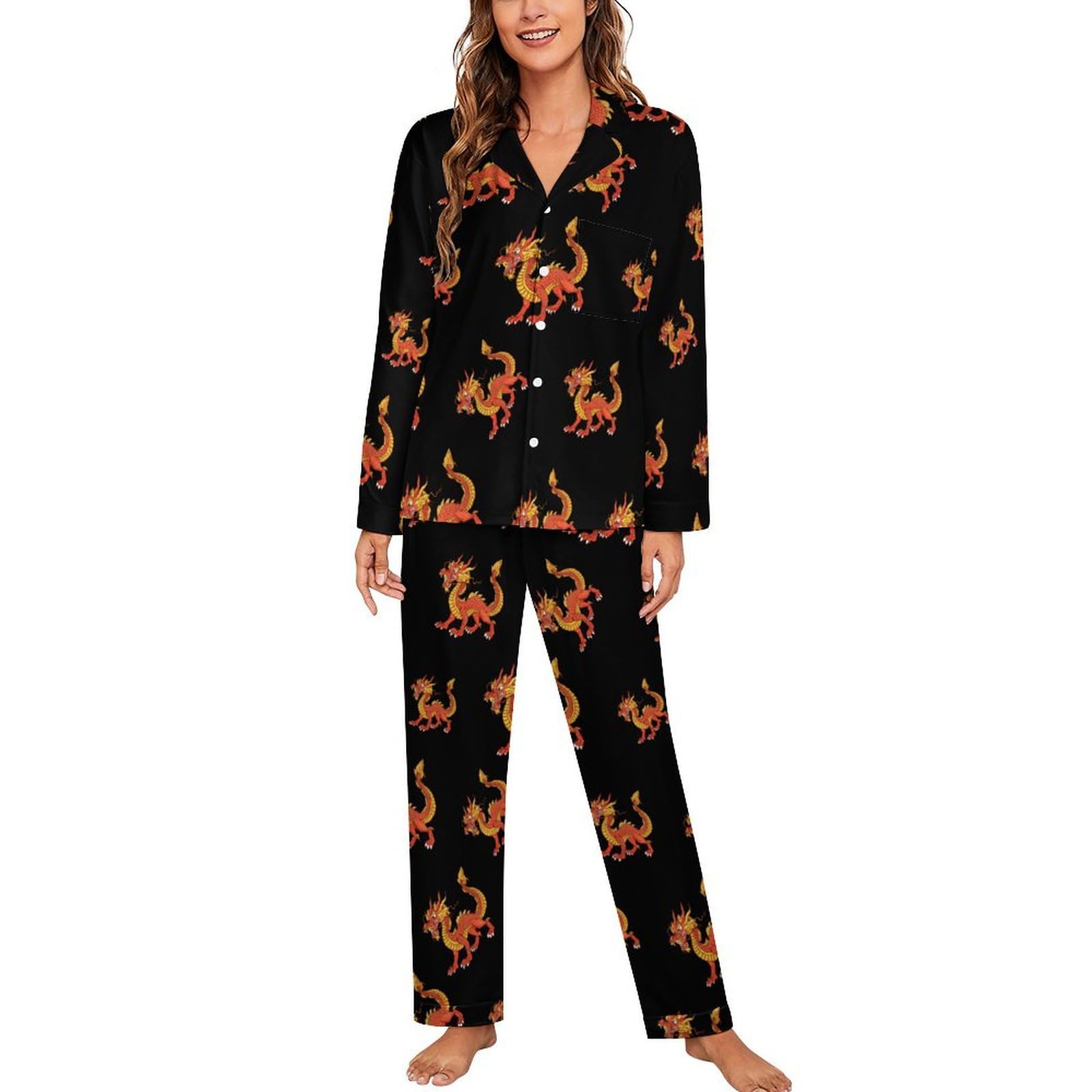peiyeety Chinese Dragon Printed Women's Long Sleeve Pajama Set Soft Lounge Pjs Sleepwear