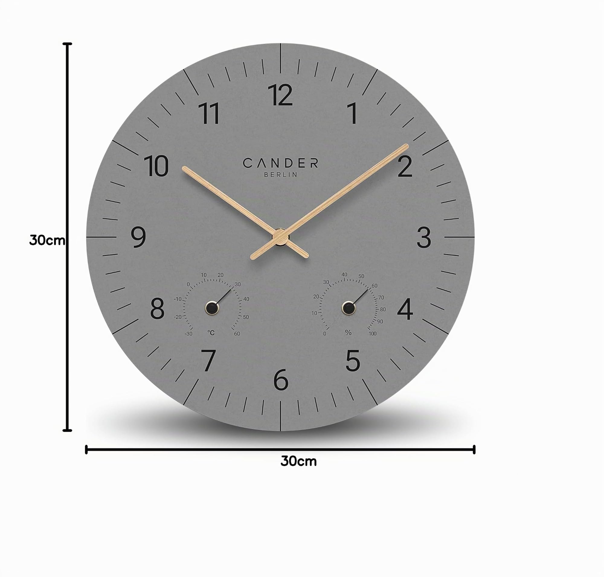 Cander Berlin MNU 2630 X Wanduhr MDF lautlos ohne Tickgeräusche 30 cm Temperatur Luftfeuchtigkeit analog grau Holzzeiger
