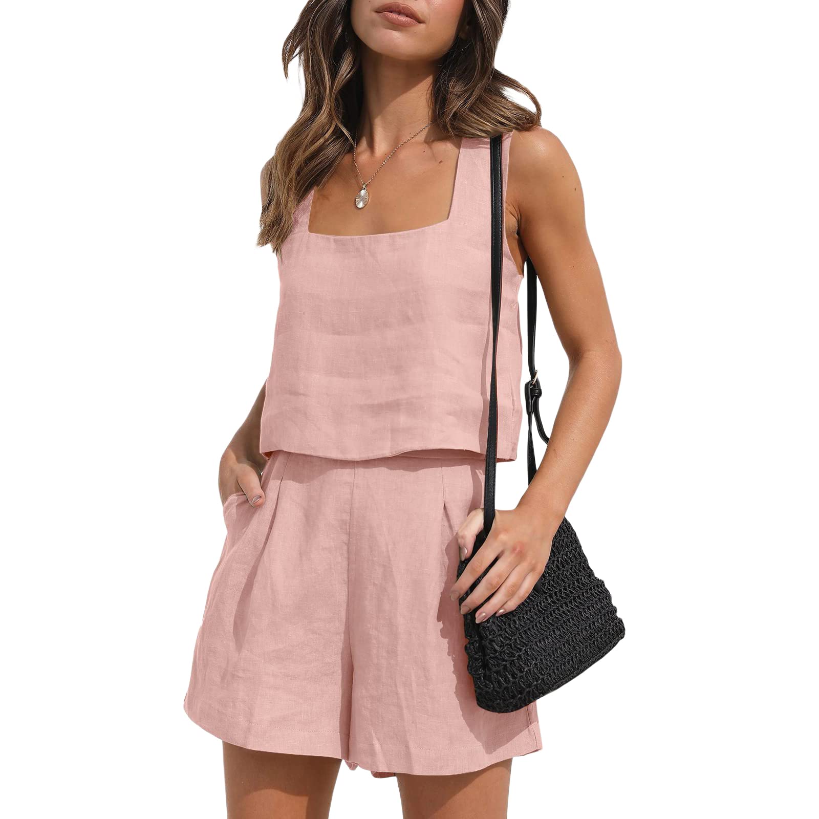 FeMereina Conjunto de 2 piezas para mujer, conjunto de descanso a juego, pantalones cortos de lino de dos piezas, ropa de moda 2023, conjunto de vacaciones de verano