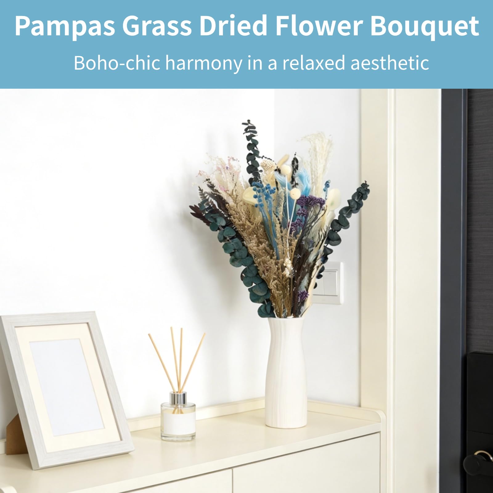 Pampasgras Trockenblumenstrauß, 17,3 Zoll Arrangement mit Eukalyptus, Boho Tischdeko für Zuhause, Hochzeit, Party, Events, als Geschenk, für Wohnzimmer, Schlafzimmer, Eingangsbereich