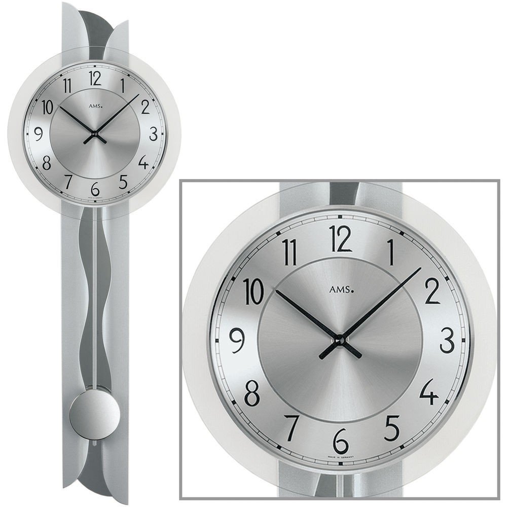 AMS 7216 Quarz Wohnzimmer Wanduhr mit Pendel moderne Pendelwanduhr Silber lackiert mit Metallpendel